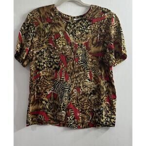 Vintage 80s Small Silk Short Sleeve Blouse Red Brown Animal Zebra Jaguar Classic